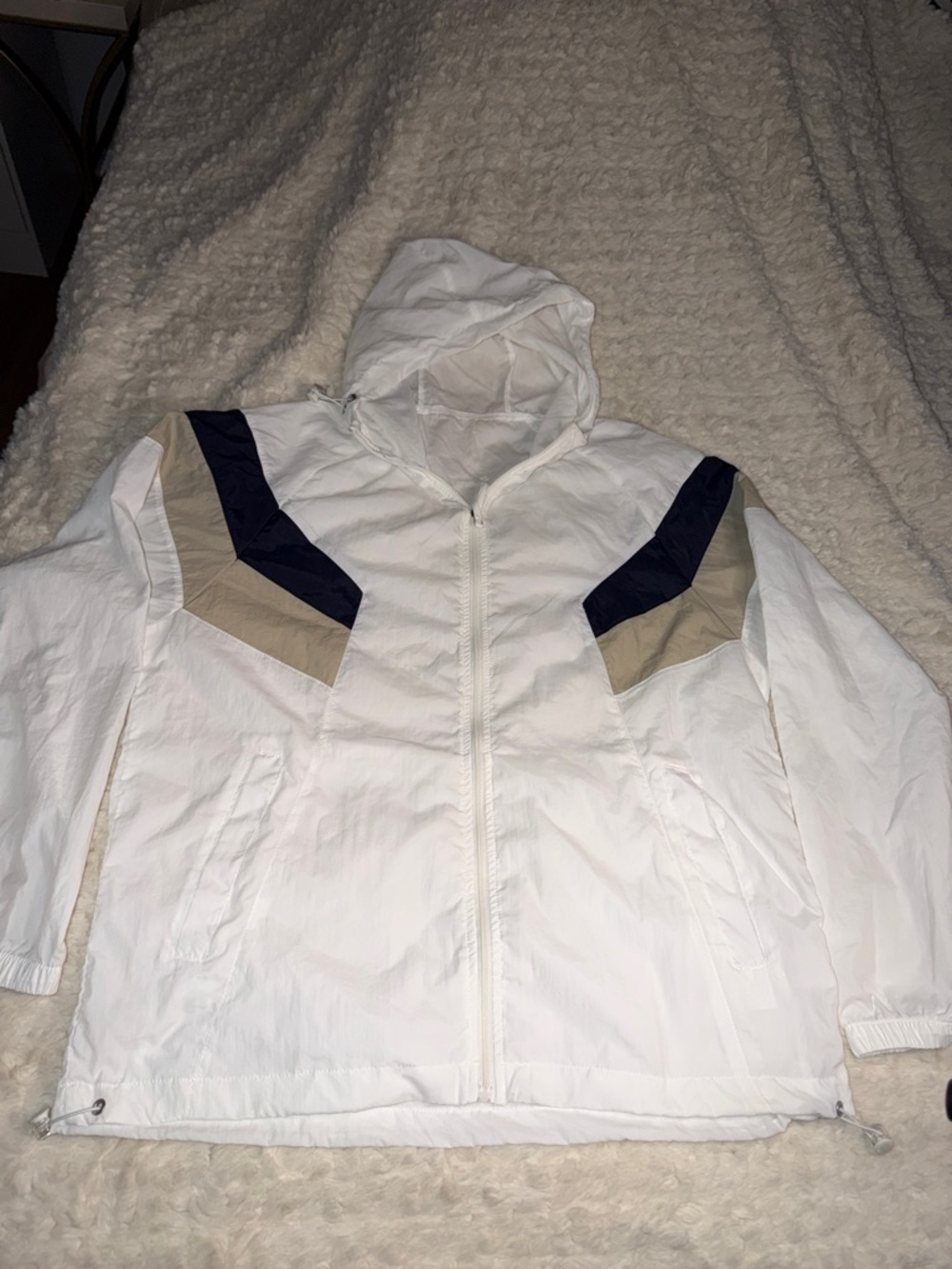 White Hooded Windbreaker with Navy & Tan Chevron Accents